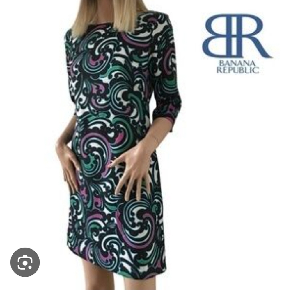 -Banana Republic Printed Sheath Dress in Black, Green, Purple. 12